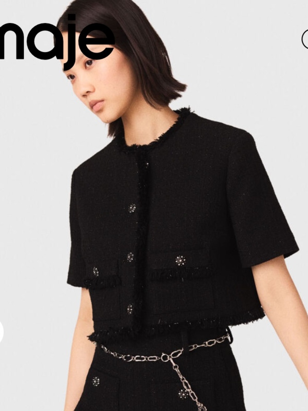 Maje Cropped shiny black tweed jacket XS Black MAJE short sleeve crop jacket
